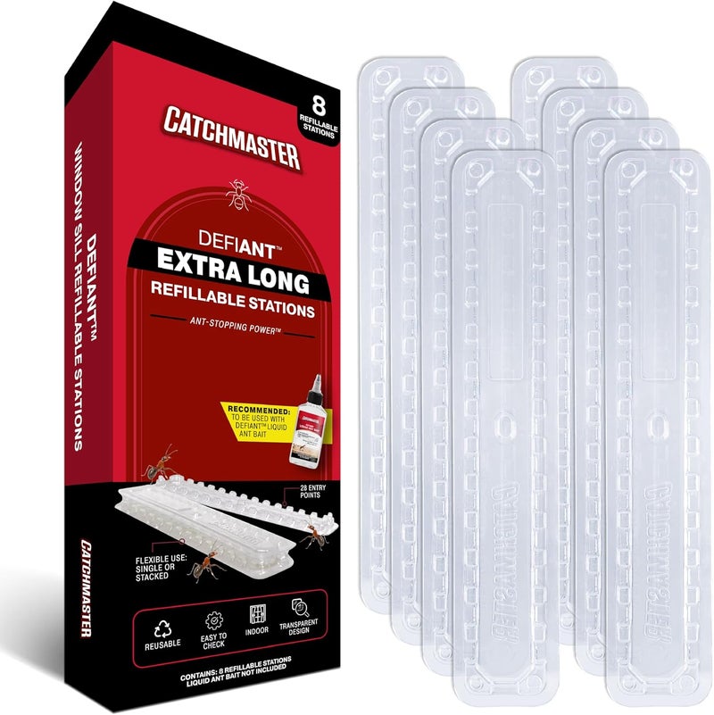 Catchmaster DEFIANT Extra Long Reusable Ant Traps Indoor (8 Pack) For Narrow Spaces – Liquid Ant Killer - Bait NOT Included - Stackable, Translucent Design – 28 Entry Points For Maximum Access - Image 1
